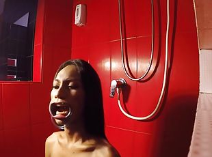 Handcuffed ladyboy teen pissed in mouth