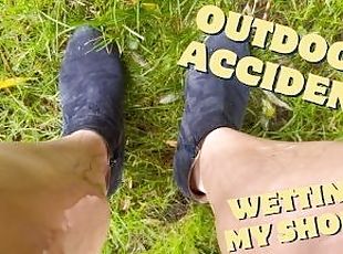 Desperate wetting accident outdoors piss on shoes and dress after party
