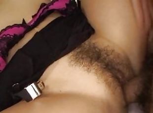 Slutty asian with a big bush gets fucked with cum on her tits