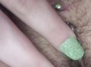Glittery Green Nails Can't Resist Exploring a Pretty Pierced Pussy